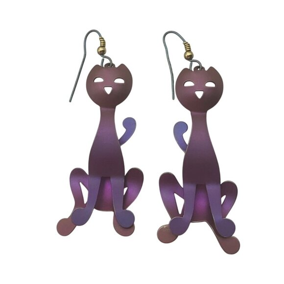 VTG Dangle Earrings Handmade Purple Cat 3D Metal Iridescent Purple - Picture 2 of 7